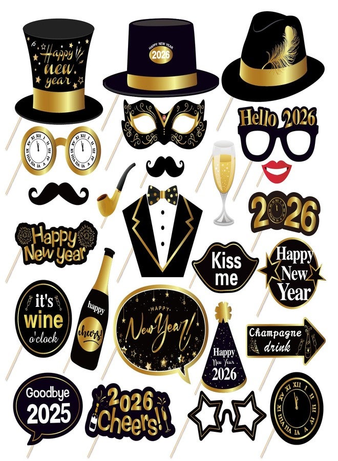 Lide Road 25Pcs New Years Eve Photo Booth Props | 2026 New Years Photo Booth Props with Stick NYE Theme Selfie Props | Gold Glitter New Years Eve Party Supplies - Image 2