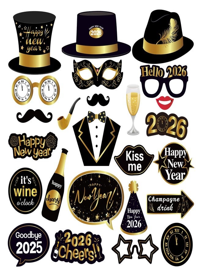 Lide Road 25Pcs New Years Eve Photo Booth Props | 2026 New Years Photo Booth Props with Stick NYE Theme Selfie Props | Gold Glitter New Years Eve Party Supplies - Image 1