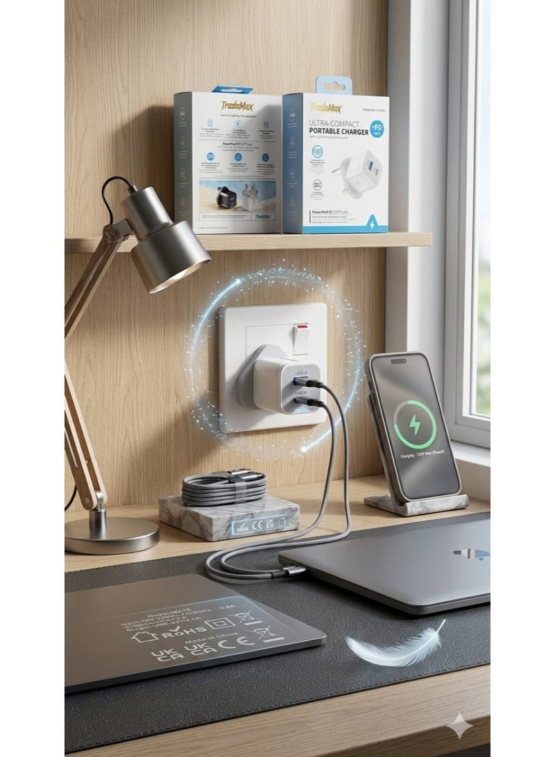 تراداماكس شاحن حائطي مدمج، 120 واط PD، شحن QC، كابل USB-C إلى Lightning، آمن ومشبع، محمول وأنيق، توافق واسع - Image 3