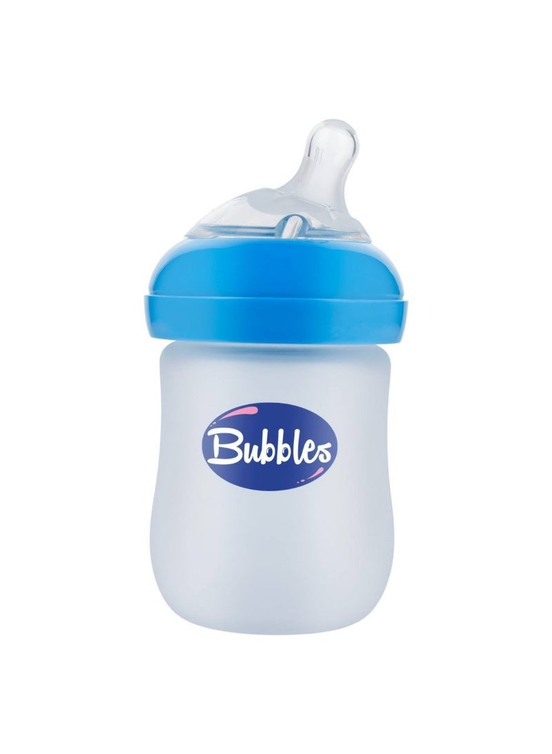 Bubbles Glass Baby Feeding Bottle 150ml with Tilted Silicone Nipple, Anti-Colic Design, BPA-Free, Easy Grip, Safe Glass Bottle for Newborns and Infants (Blue) - Image 1