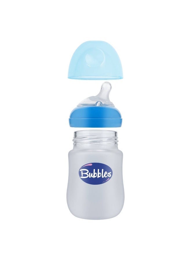 Bubbles Glass Baby Feeding Bottle 150ml with Tilted Silicone Nipple, Anti-Colic Design, BPA-Free, Easy Grip, Safe Glass Bottle for Newborns and Infants (Blue) - Image 2