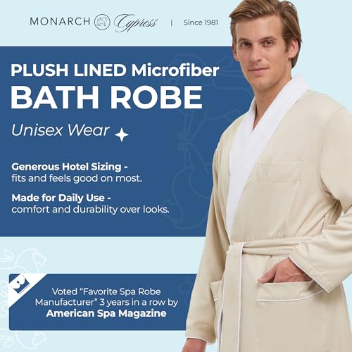 MONARCH Plush Lined Microfiber Bath Robe for Men or Women – Soft Microfiber Shell with Polyester Lining, Generously Sized Resort-Grade Spa & Hotel Robe with Pockets - Machine Washable (Natural) - Image 2