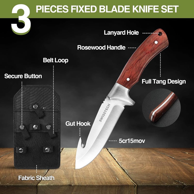 SWISS+TECH 3-Piece Hunting Knife Set - Full Tang Survival, Bowie, Camping & Gut Hook Knife with Sheath - Perfect for Dad, Husband or Men - Outdoor Hunting, Camping, Hiking Gift - Image 3