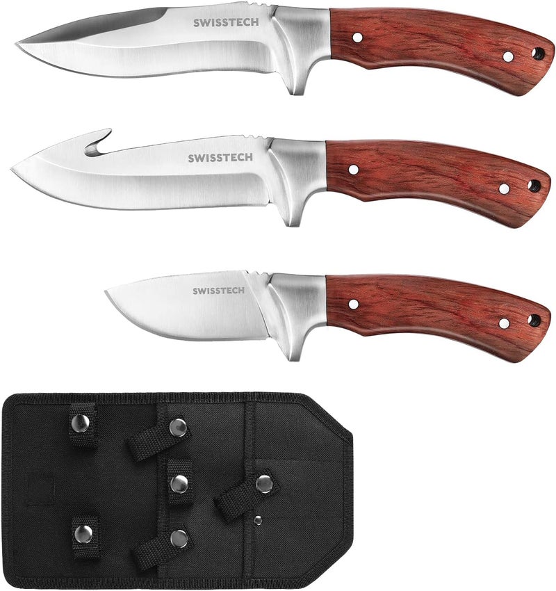 SWISS+TECH 3-Piece Hunting Knife Set - Full Tang Survival, Bowie, Camping & Gut Hook Knife with Sheath - Perfect for Dad, Husband or Men - Outdoor Hunting, Camping, Hiking Gift - Image 1