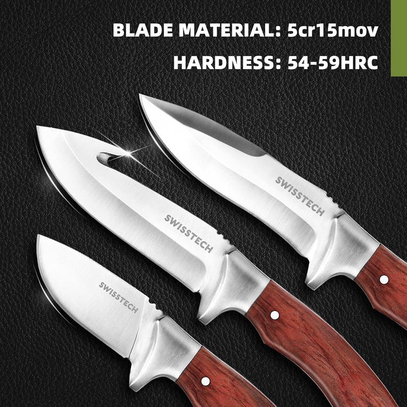 SWISS+TECH 3-Piece Hunting Knife Set - Full Tang Survival, Bowie, Camping & Gut Hook Knife with Sheath - Perfect for Dad, Husband or Men - Outdoor Hunting, Camping, Hiking Gift - Image 4