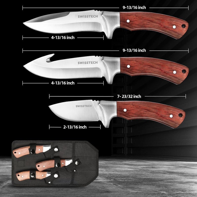 SWISS+TECH 3-Piece Hunting Knife Set - Full Tang Survival, Bowie, Camping & Gut Hook Knife with Sheath - Perfect for Dad, Husband or Men - Outdoor Hunting, Camping, Hiking Gift - Image 2