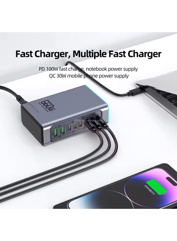 عام 140W 8 Ports GaN Vertical Desktop Fast USB Charging Station PD3.0 100W QC3.0 30W with Colorful Lamp for Laptop/ Mobile Phones - Image 4