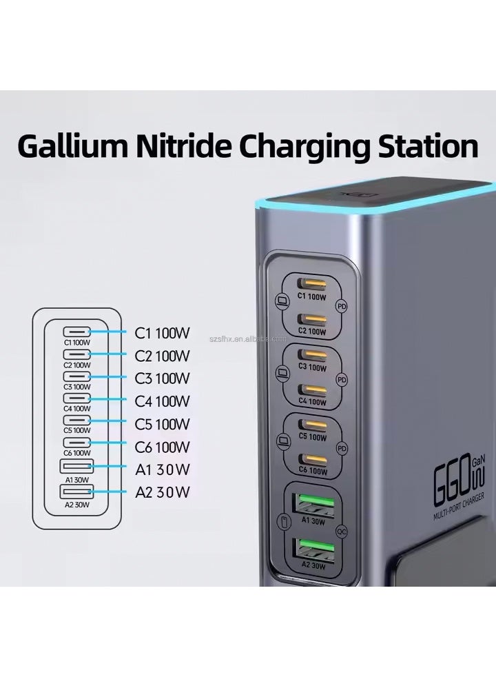 عام 140W 8 Ports GaN Vertical Desktop Fast USB Charging Station PD3.0 100W QC3.0 30W with Colorful Lamp for Laptop/ Mobile Phones - Image 3