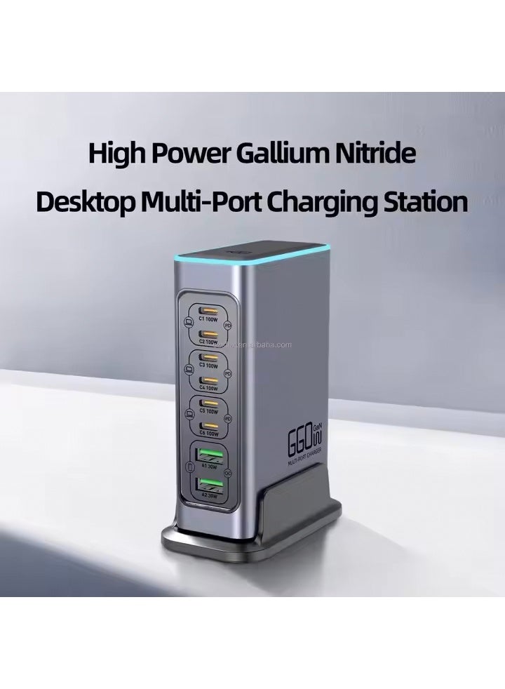 عام 140W 8 Ports GaN Vertical Desktop Fast USB Charging Station PD3.0 100W QC3.0 30W with Colorful Lamp for Laptop/ Mobile Phones - Image 1