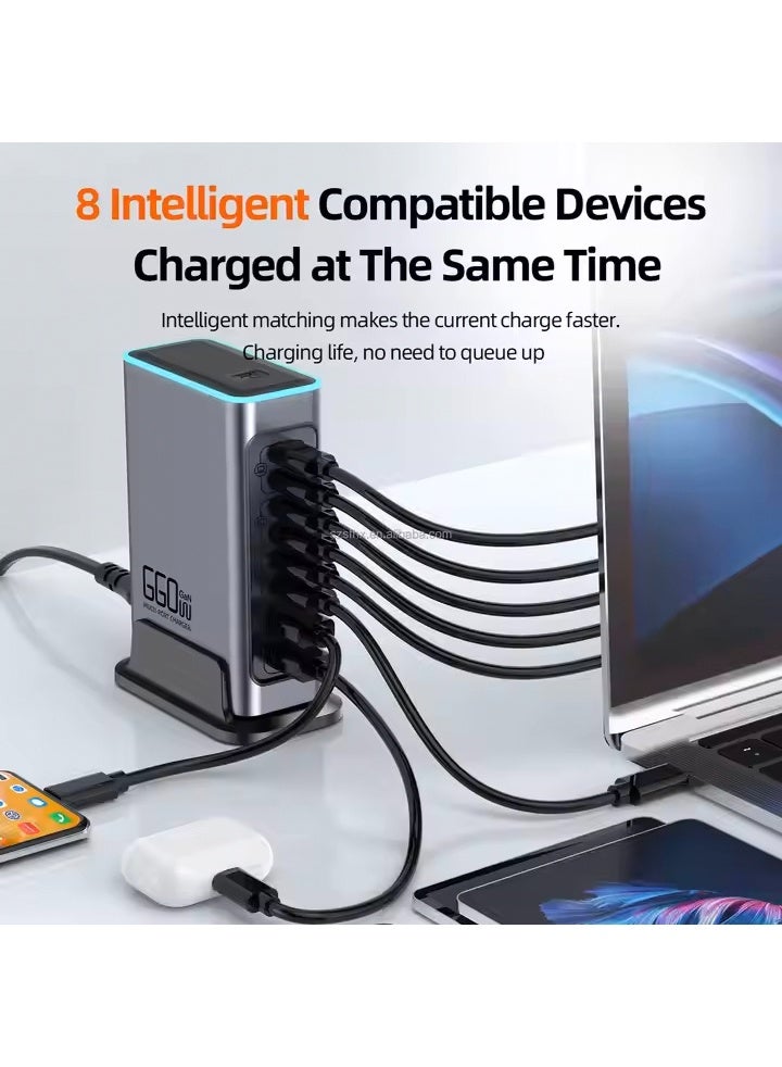 عام 140W 8 Ports GaN Vertical Desktop Fast USB Charging Station PD3.0 100W QC3.0 30W with Colorful Lamp for Laptop/ Mobile Phones - Image 2