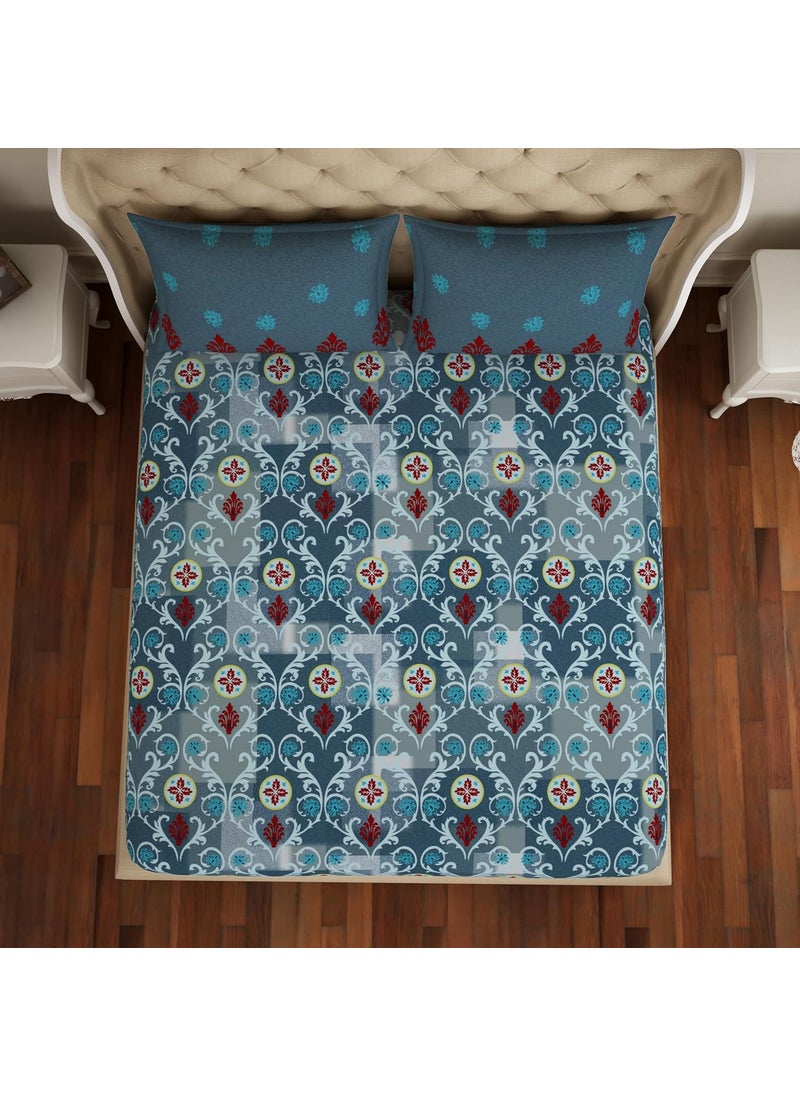 SPACES SPACES Atrium 100 Cotton Medium Double Bedsheet with 2 Pillow Covers Skin Safe and Breathable Material 144 TC Bed Sheet Size 224Cm x 274Cm 43Cm x 68Cm BlueOrnate  - Image 3