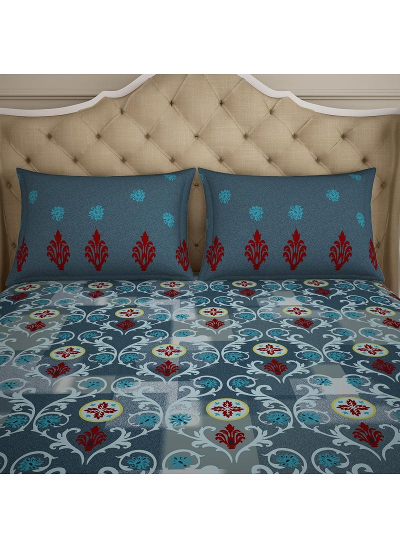 SPACES SPACES Atrium 100 Cotton Medium Double Bedsheet with 2 Pillow Covers Skin Safe and Breathable Material 144 TC Bed Sheet Size 224Cm x 274Cm 43Cm x 68Cm BlueOrnate  - Image 2