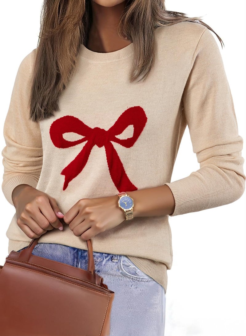 EVALESS Spring Sweaters for Women 2026 Trendy Lightweight Wool Blend Knit Sweaters Cute Long Sleeve Crewneck Bow Graphic Sweater Spring Outfits Pullover Sweater Tops Jet Stream Small - Image 1