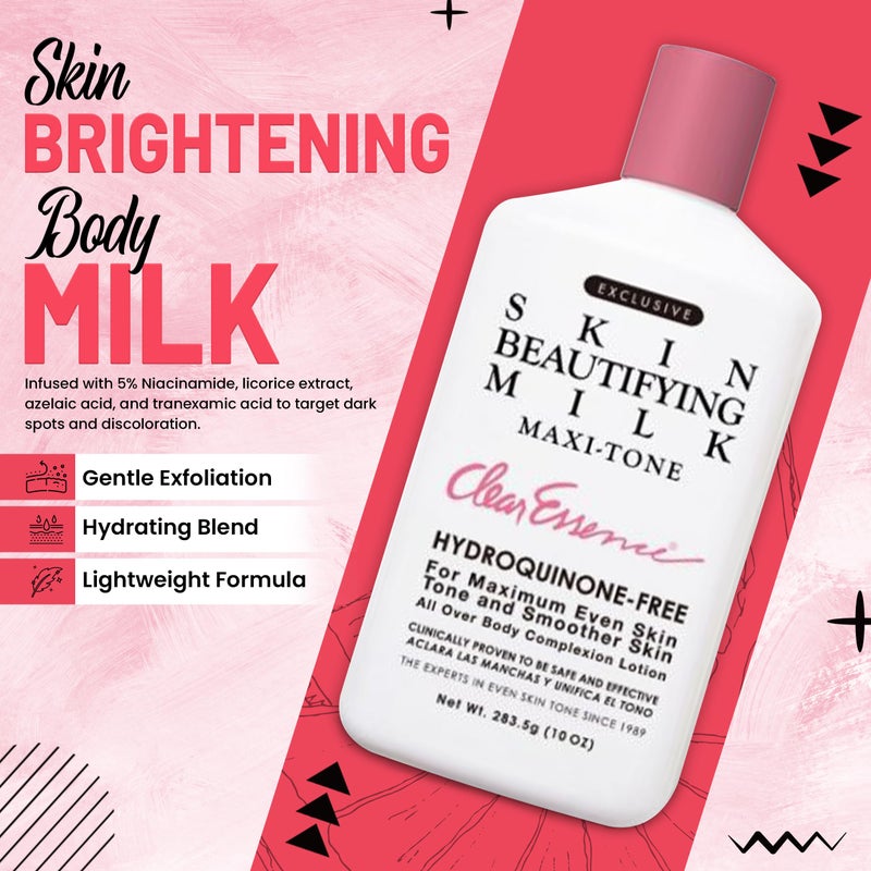 Clear Essence حليب تجميل البشرة الواضح الحصري خالي من الهيدروكينون لوشن ماكسي تون - لوشن للبشرة لترطيب البشرة الجافة - لوشن مرطب لترطيب البشرة مع لمعة - (10.0 أونصة)  - Image 3