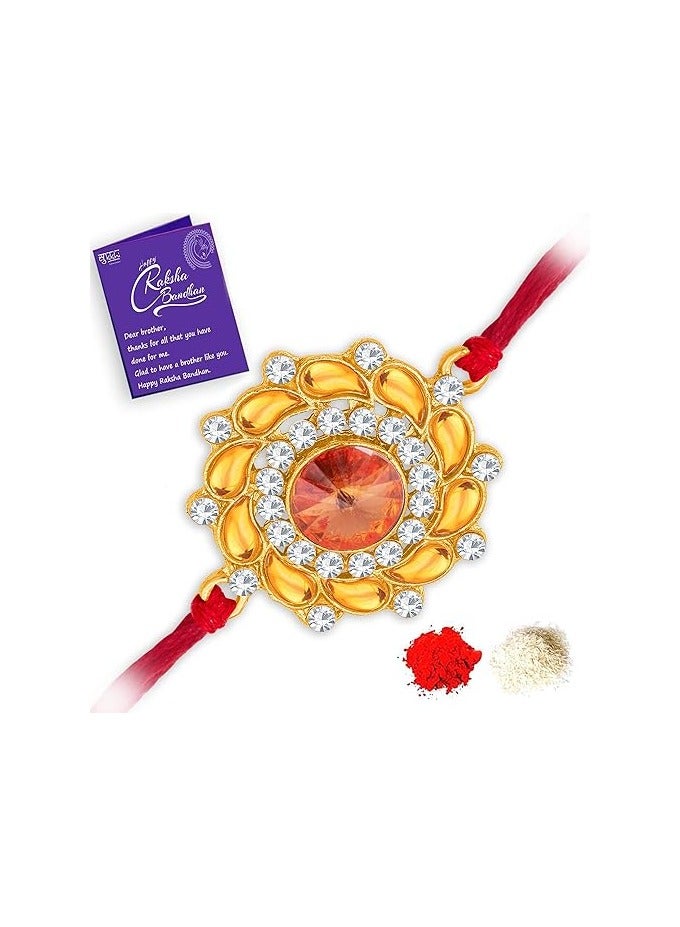 Sukkhi Rakhi Elegant Floral Kundan Designer Gold Plated Premium Rakhi for Brother With Roli Chawal and Greeting Card Rakhi for Bhaiya Rakhi for Men Kundan Rakhi - Image 1