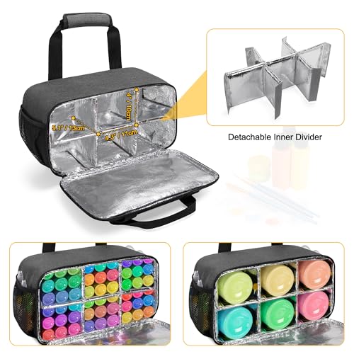 GRAOSO Acrylic Paint Organizer Bag for up to 54 Bottles (2 oz), Art Supply Storage Case with Handle Strap, Extra Pocket for Paint Brushes, etc, Aluminum Foil Liner for Easy Cleaning, Patented Design (Grey) - Image 4