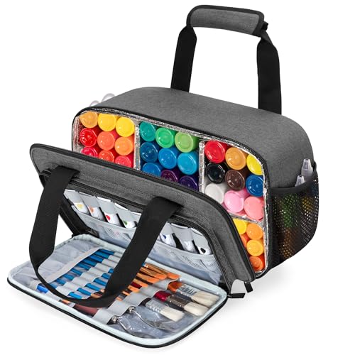 GRAOSO Acrylic Paint Organizer Bag for up to 54 Bottles (2 oz), Art Supply Storage Case with Handle Strap, Extra Pocket for Paint Brushes, etc, Aluminum Foil Liner for Easy Cleaning, Patented Design (Grey) - Image 1