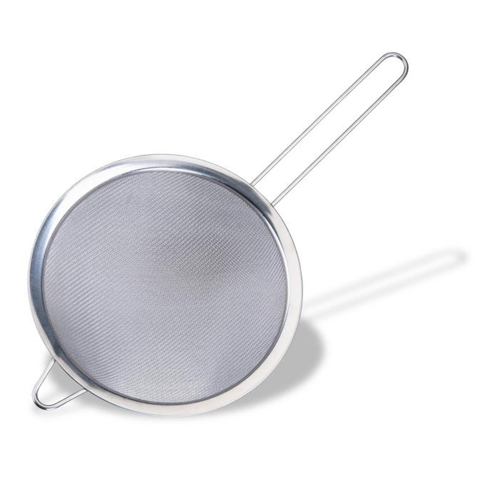INITIAL SIEVE STAINLESS STEEL FINE METAL MESH WITH RIM LONG HANDLE FOR SIFTING STRAINING DRAINING FOOD KITCHEN DRAINER PASTA RICE STRAINER LARGE 20CM DIAMETER COLANDER
