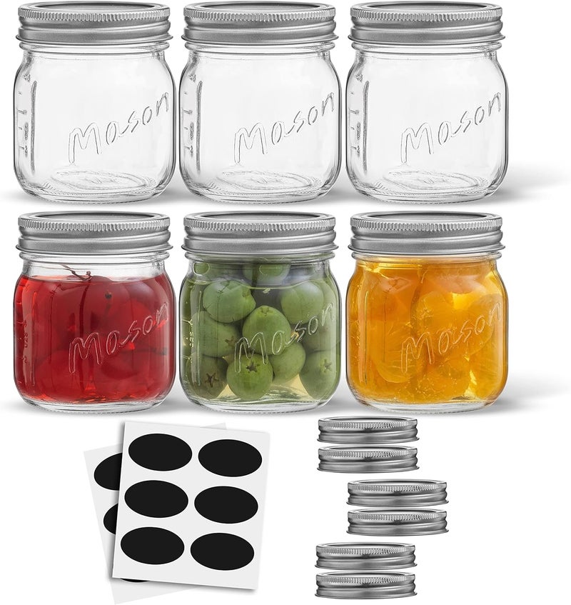 JoyJolt 8 Oz Mason Jars With Lids, Labels and Measures! 6-Pack Regular Mouth Mason Jars, Glass Jar with Lid and Band. Airtight Canning Jars, Overnight Oats Jars, Salad Jars, Sourdough Starter Jar - Image 1