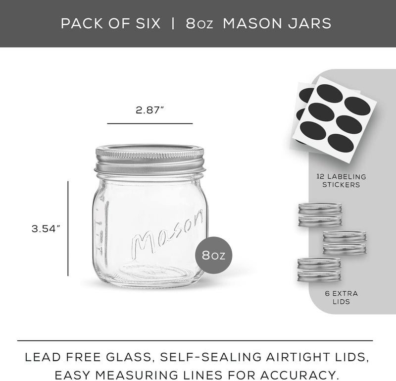 JoyJolt 8 Oz Mason Jars With Lids, Labels and Measures! 6-Pack Regular Mouth Mason Jars, Glass Jar with Lid and Band. Airtight Canning Jars, Overnight Oats Jars, Salad Jars, Sourdough Starter Jar - Image 3