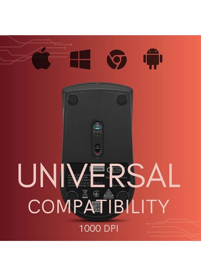 Lenovo 150 Wireless Compact Mouse, 1K DPI Optical sensor, 2.4GHz Wireless NanoUSB, 10m range, 3button(left,right,scroll) upto 3M left/right clicks, 10month battery, Ambidextrous, Ergonomic, GY51L52638 Black - Image 2