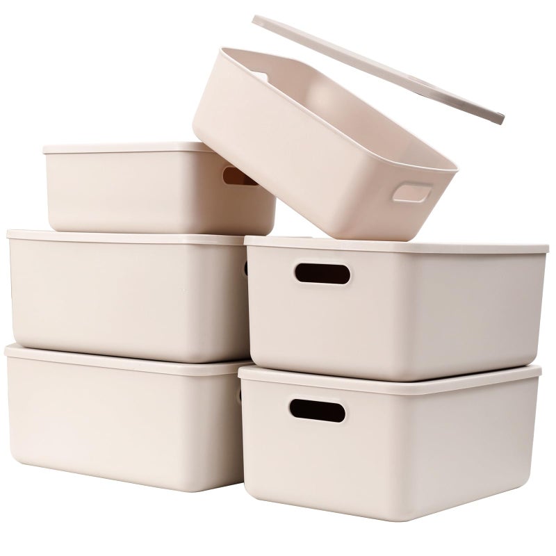 Yishyfier Plastic Storage Baskets With Lid Organizing Container Lidded Knit Storage Organizer Bins for Shelves Drawers Desktop Closet Playroom Classroom Office (4M+2S, Light grey) - Image 1