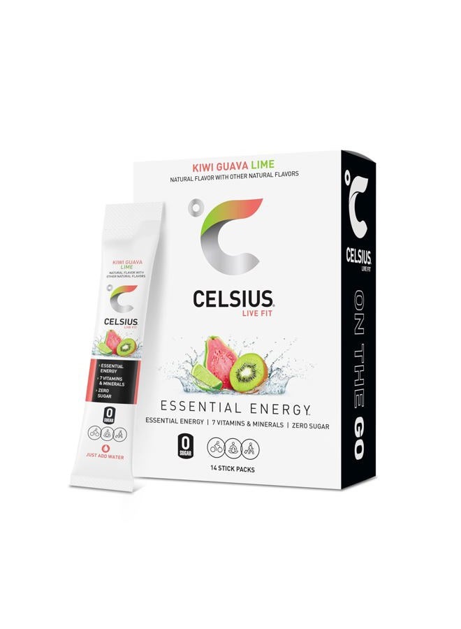 CELSIUS مشروب الطاقة بنكهة الكيوي والجوافة والليمون، خالي من السكر (14 عود في العبوة) - Image 1