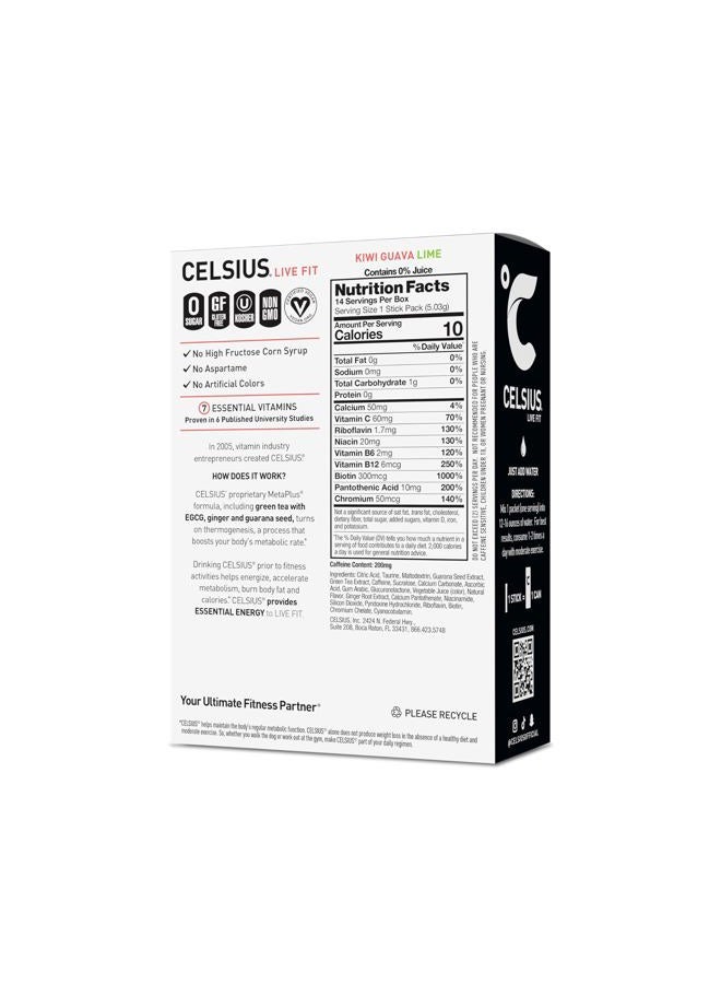 CELSIUS مشروب الطاقة بنكهة الكيوي والجوافة والليمون، خالي من السكر (14 عود في العبوة) - Image 2