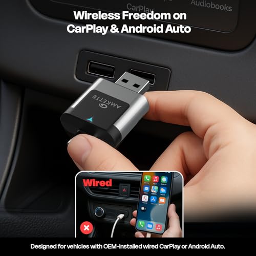 Amkette Drive 2in1 Wireless CarPlay & Android Auto Adapter | WiFi 6 Low-Latency | Bluetooth 5.4 Fast Pairing | Converts Wired to Wireless | USB-A & USB-C | Supports OEM Steering Controls - Image 2