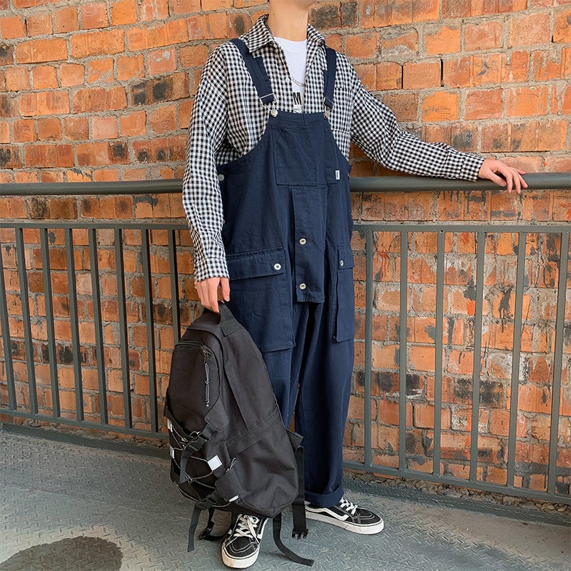 Unisex Vintage Overalls Loose Denim Jumpsuit Dark blue  - Image 3