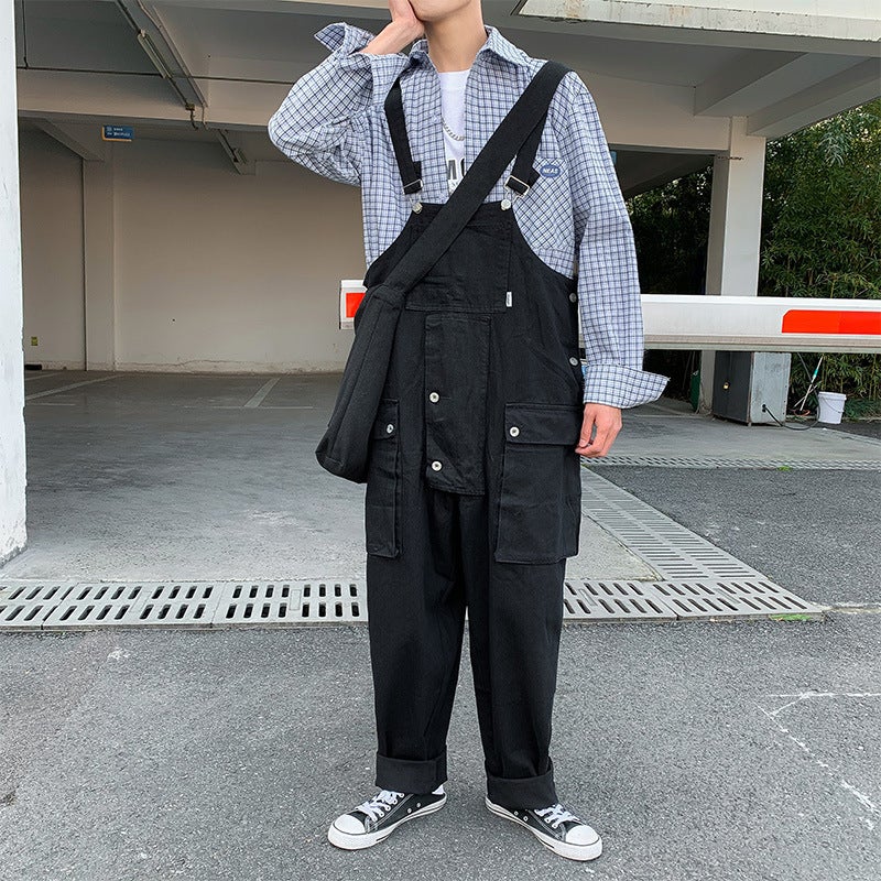 Unisex Vintage Overalls Loose Denim Jumpsuit Dark blue  - Image 5