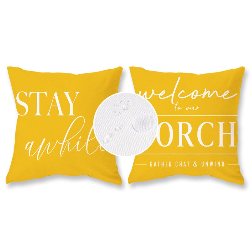 TAJWE Yellow Outdoor Pillow Covers Waterproof 18x18 Set of 2 Welcome to Our Porch Stay Awhile Cushion Cases for Patio Furniture Sofa Couch Decor - Image 5