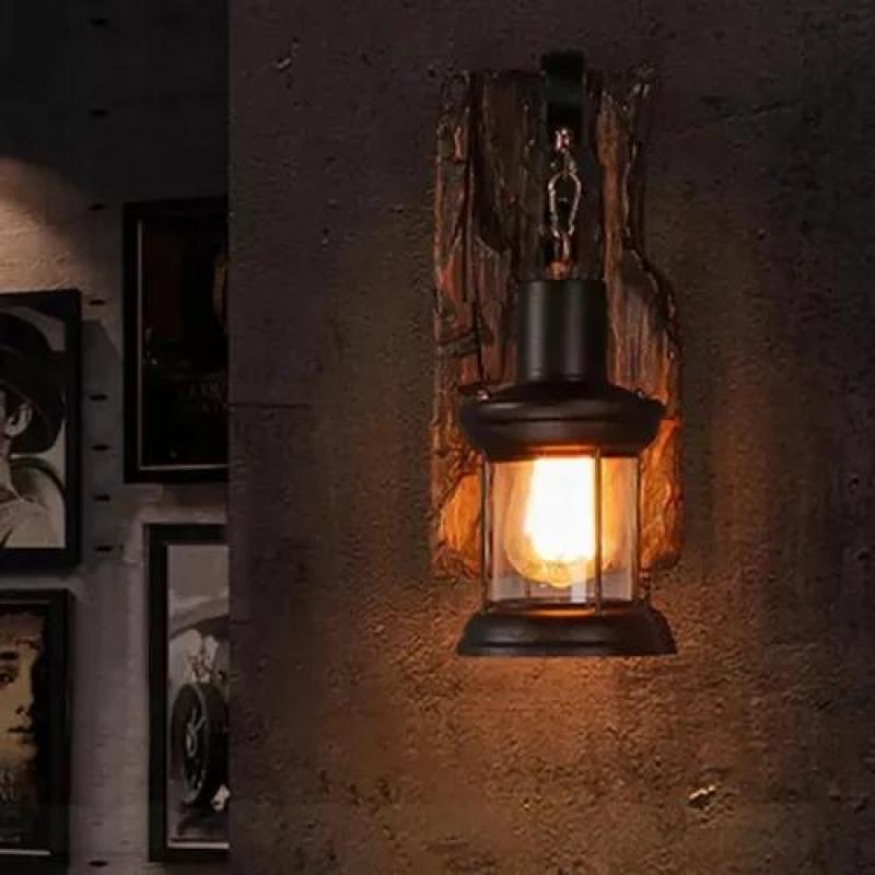Industrial Wall Light Brown Solid Wood E27 Wall Lamp - Rustic Vintage Wall Sconce for Country Farmhouse Workshop Lighting - Image 3