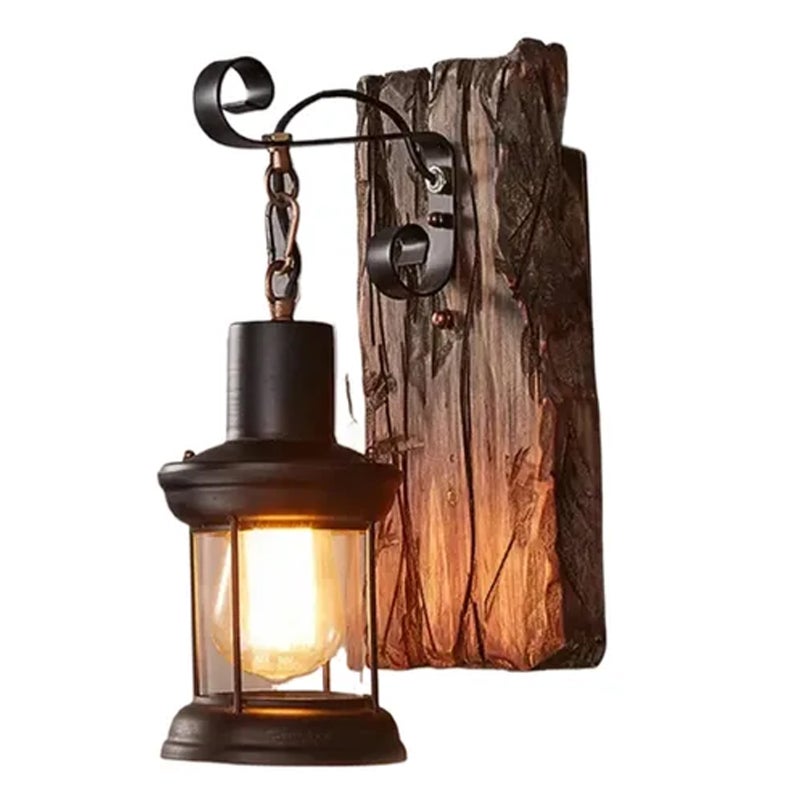 Industrial Wall Light Brown Solid Wood E27 Wall Lamp - Rustic Vintage Wall Sconce for Country Farmhouse Workshop Lighting - Image 1