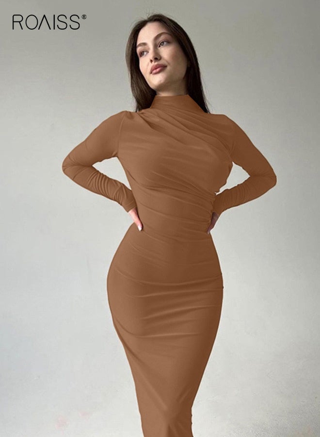 رويس فساتين نحيفة برقبة دائرية وأكمام طويلة للنساء أنيقة للسيدات ذات ثنيات وتنورة طويلة بلون واحد - Image 1