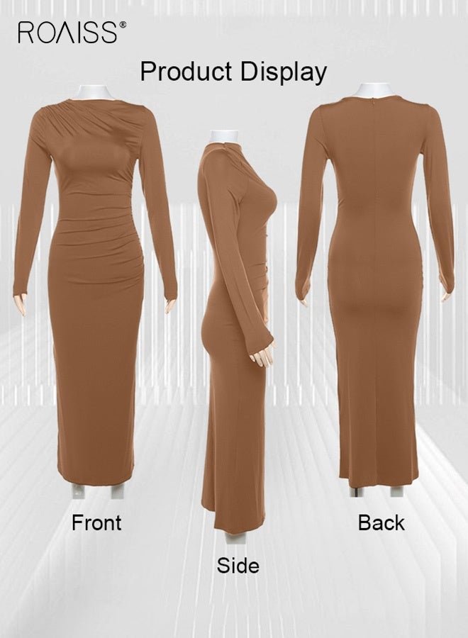رويس فساتين نحيفة برقبة دائرية وأكمام طويلة للنساء أنيقة للسيدات ذات ثنيات وتنورة طويلة بلون واحد - Image 2