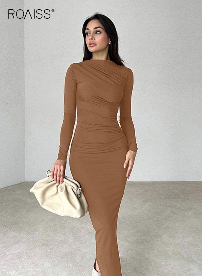 رويس فساتين نحيفة برقبة دائرية وأكمام طويلة للنساء أنيقة للسيدات ذات ثنيات وتنورة طويلة بلون واحد - Image 3