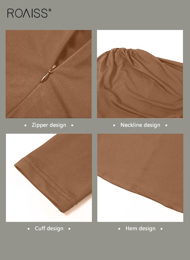 رويس فساتين نحيفة برقبة دائرية وأكمام طويلة للنساء أنيقة للسيدات ذات ثنيات وتنورة طويلة بلون واحد - Image 5