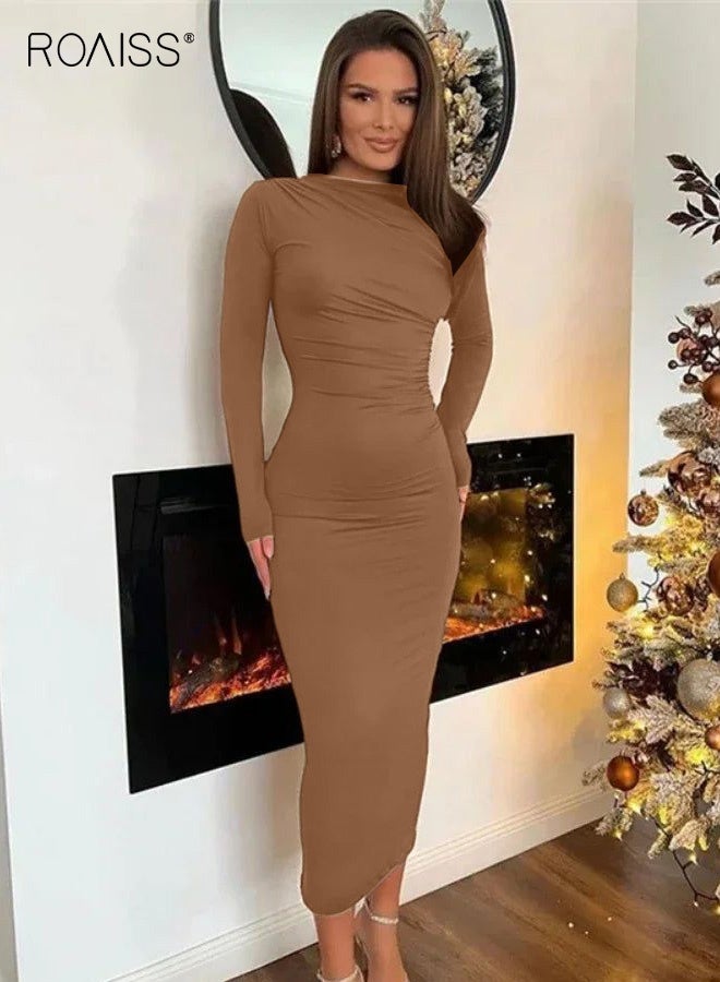 رويس فساتين نحيفة برقبة دائرية وأكمام طويلة للنساء أنيقة للسيدات ذات ثنيات وتنورة طويلة بلون واحد - Image 4