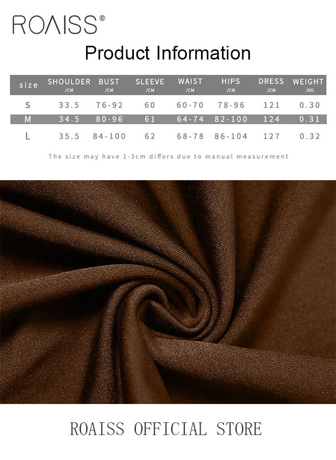 roaiss - Temperament Round Neck Long Sleeved Slim Dresses for Women Elegant Ladies Pleated solid color long skirt - Image 1