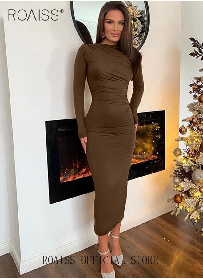 roaiss - Temperament Round Neck Long Sleeved Slim Dresses for Women Elegant Ladies Pleated solid color long skirt - Image 1