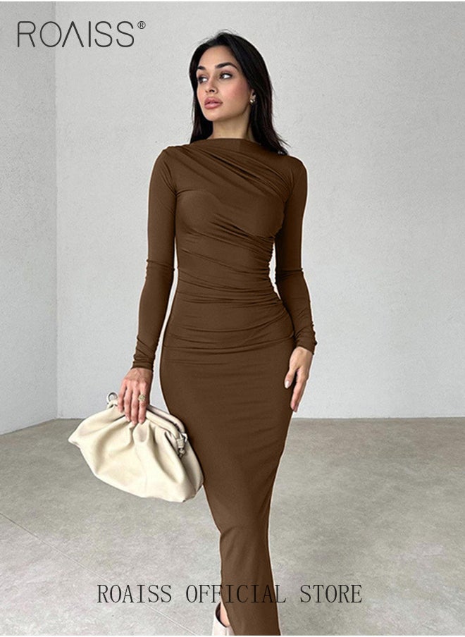 roaiss - Temperament Round Neck Long Sleeved Slim Dresses for Women Elegant Ladies Pleated solid color long skirt - Image 1