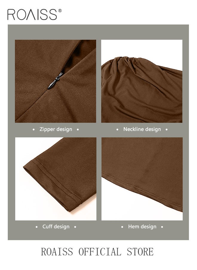 roaiss - Temperament Round Neck Long Sleeved Slim Dresses for Women Elegant Ladies Pleated solid color long skirt - Image 1