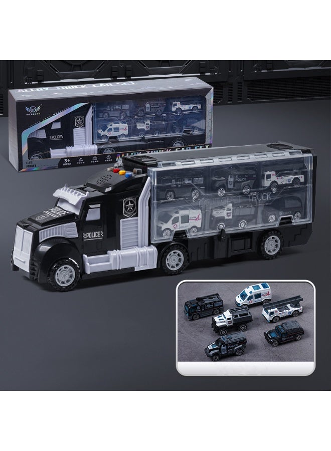 HALAMODO 7pcs Police Car Toy Set with Carrier Truck, Alloy Engineering Vehicle Black Police Container Truck With 6 Police Cars , Children Large Storage Transport Truck Track Toy , Early Educational Intelligence Toy Cars Drop-Resistant , Die-Cast Vehicle Playset , Ideal Birthday Gift for Boys Girls - Image 1