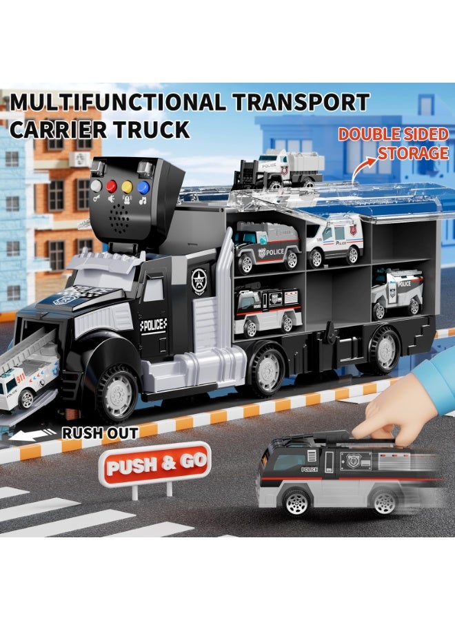 HALAMODO 7pcs Police Car Toy Set with Carrier Truck, Alloy Engineering Vehicle Black Police Container Truck With 6 Police Cars , Children Large Storage Transport Truck Track Toy , Early Educational Intelligence Toy Cars Drop-Resistant , Die-Cast Vehicle Playset , Ideal Birthday Gift for Boys Girls - Image 4