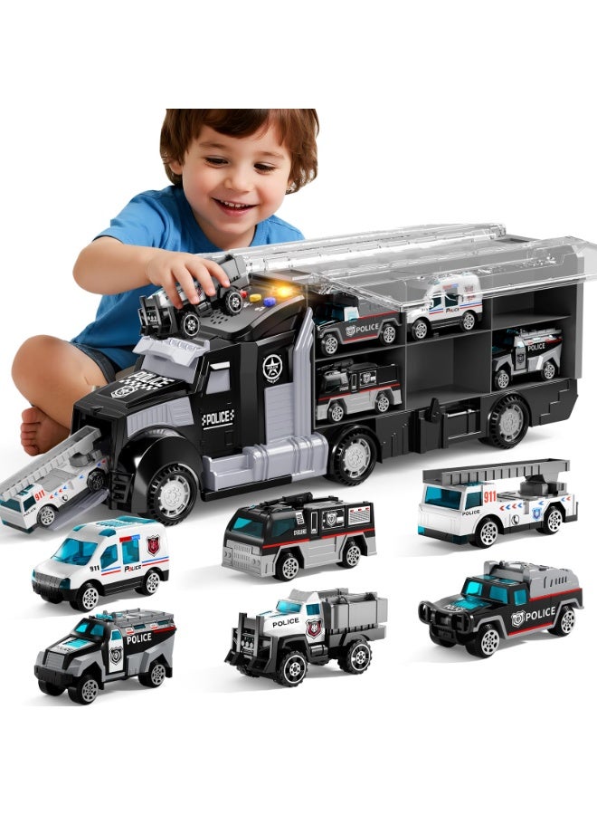 HALAMODO 7pcs Police Car Toy Set with Carrier Truck, Alloy Engineering Vehicle Black Police Container Truck With 6 Police Cars , Children Large Storage Transport Truck Track Toy , Early Educational Intelligence Toy Cars Drop-Resistant , Die-Cast Vehicle Playset , Ideal Birthday Gift for Boys Girls - Image 2