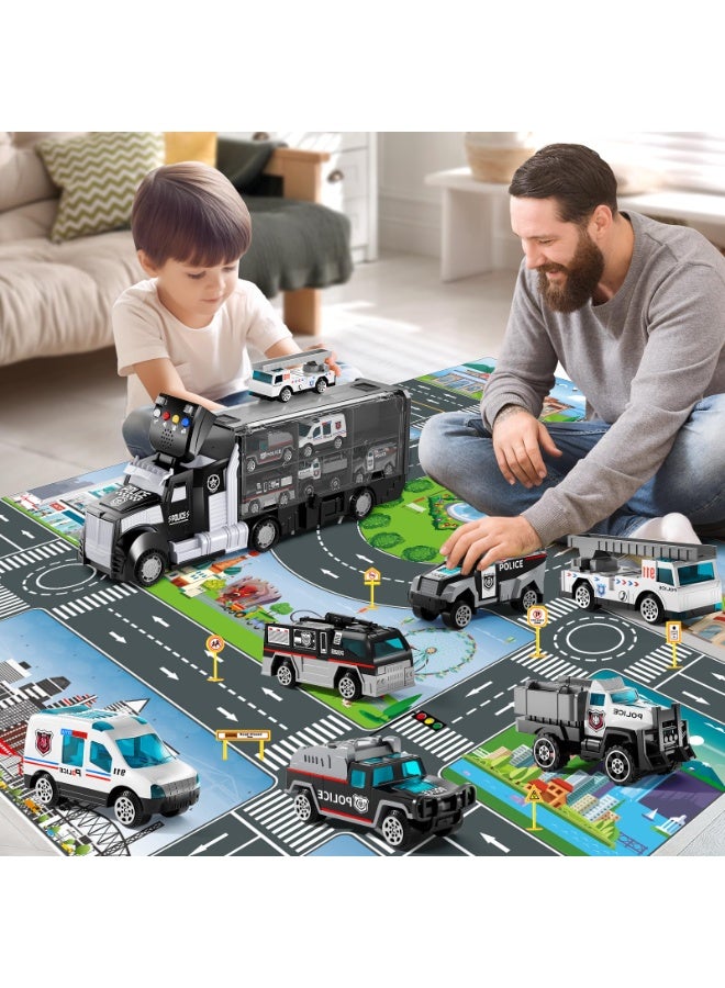 HALAMODO 7pcs Police Car Toy Set with Carrier Truck, Alloy Engineering Vehicle Black Police Container Truck With 6 Police Cars , Children Large Storage Transport Truck Track Toy , Early Educational Intelligence Toy Cars Drop-Resistant , Die-Cast Vehicle Playset , Ideal Birthday Gift for Boys Girls - Image 3