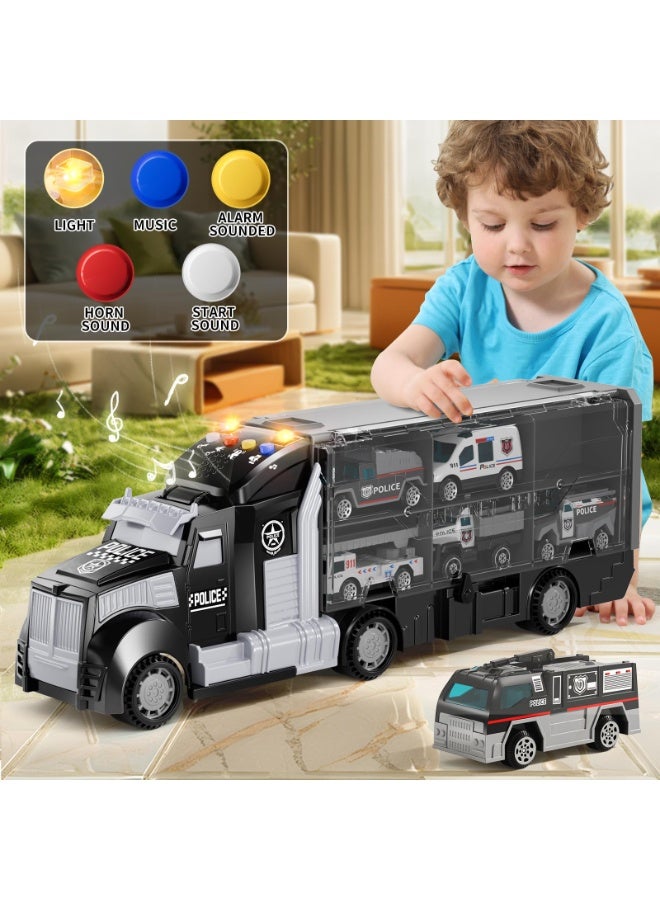 HALAMODO 7pcs Police Car Toy Set with Carrier Truck, Alloy Engineering Vehicle Black Police Container Truck With 6 Police Cars , Children Large Storage Transport Truck Track Toy , Early Educational Intelligence Toy Cars Drop-Resistant , Die-Cast Vehicle Playset , Ideal Birthday Gift for Boys Girls - Image 5