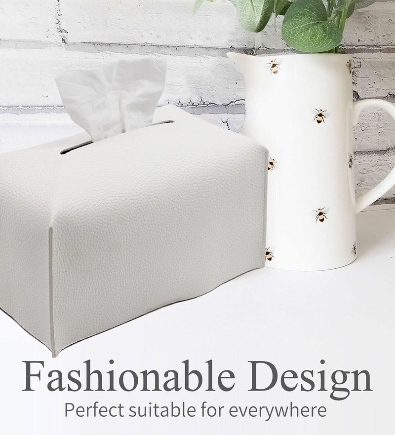 Livelab Tissue Box Cover, Modern Decorative PU Leather Rectangular Tissue Box Case Organizer Holder for Vanity Countertop, Night Stands, Livingroom, Office Desk & Car 9.5X5X5'' | Off White - Image 2