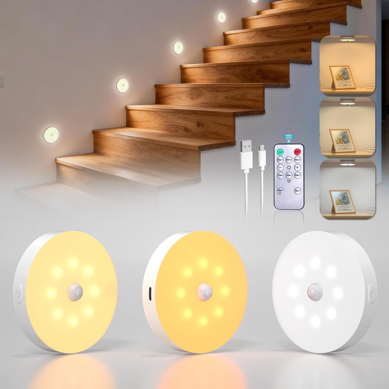 TobeBright Motion Sensor Light, LED Puck Lights with Remote Control, Rechargeable Motion Sensor Night Light Indoor Stick on Lights for Closet, Stair, Bedroom(3 Packs) - Image 1